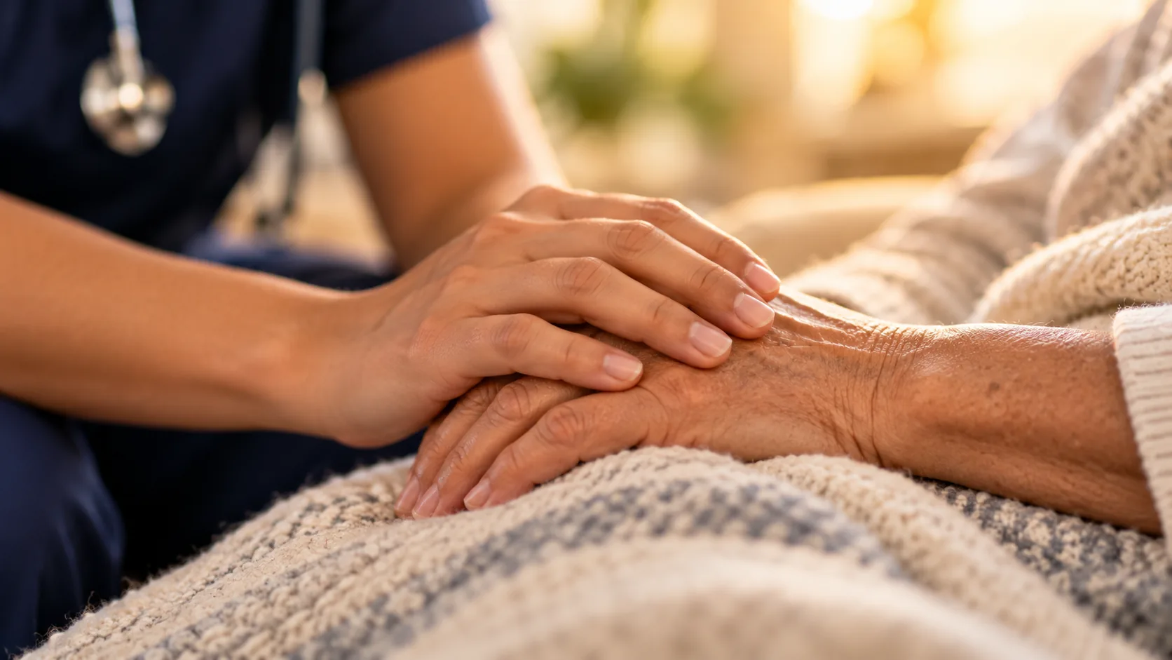 A provider's hand resting reassuringly over an older patient's hand on a blanket