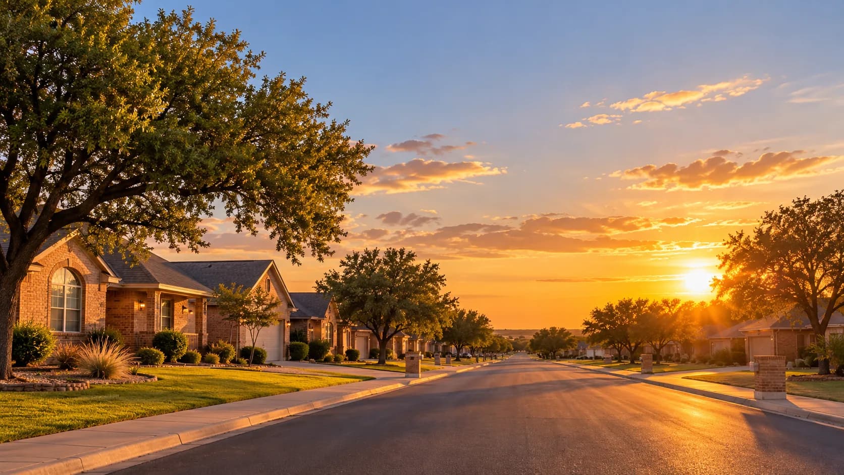 A Lubbock residential street at golden hour
