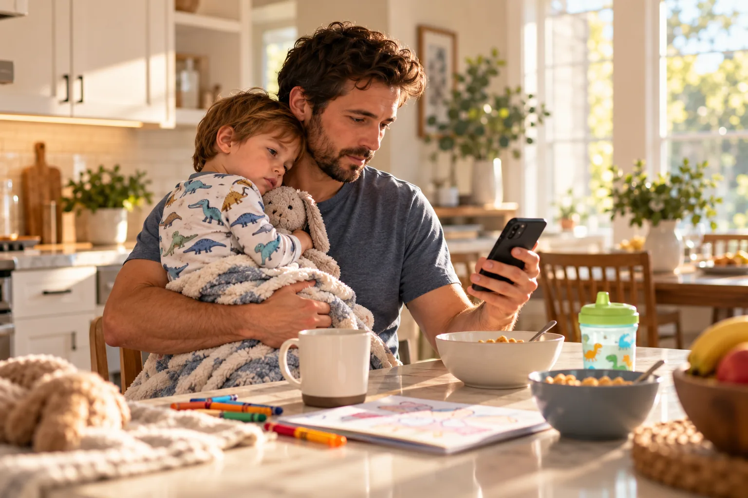 A father holding a feverish toddler in a sunlit kitchen while booking an appointment on his phone