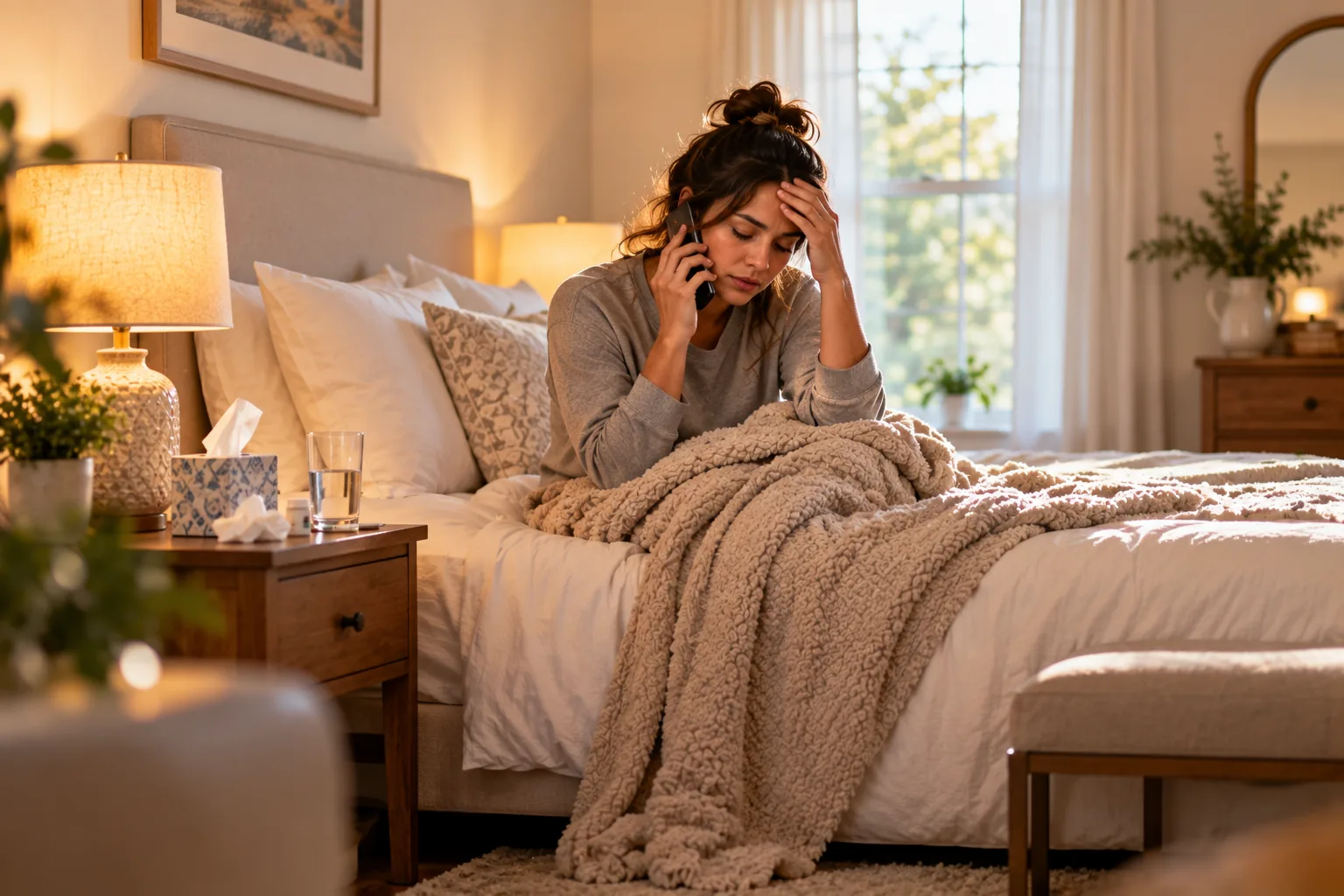 A woman sitting on the edge of her bed in a softly lit bedroom speaking with a provider on the phone