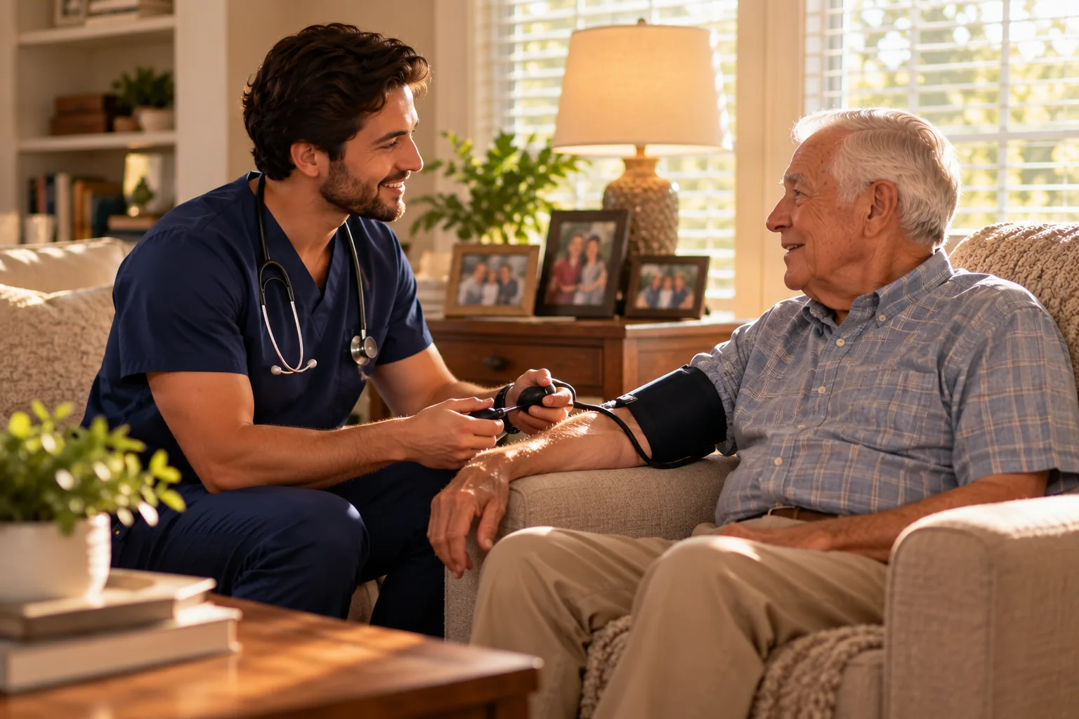 A physician in navy scrubs taking an older man's blood pressure in his own living room