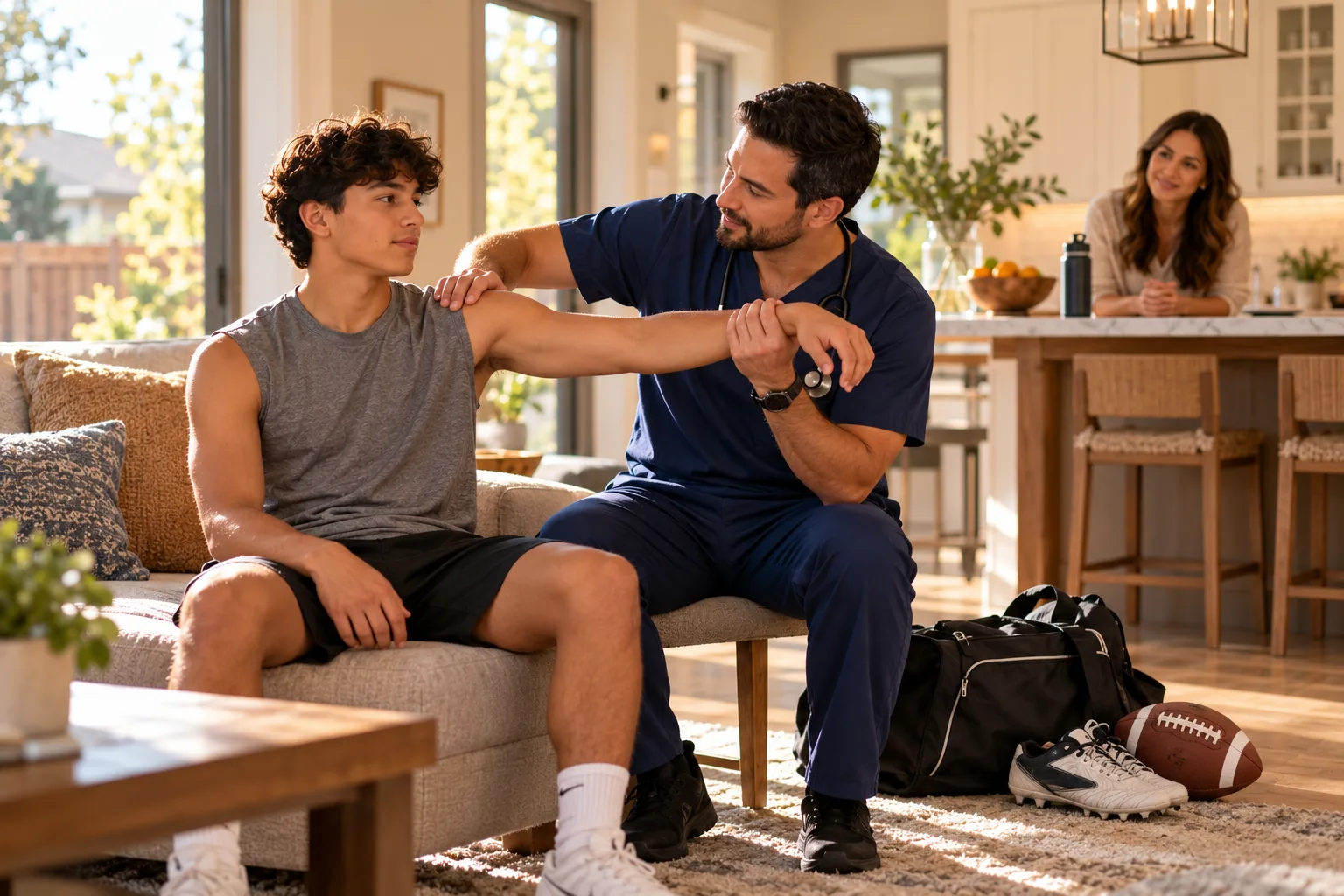 A physician in navy scrubs performing a sports physical on a high school athlete in a living room