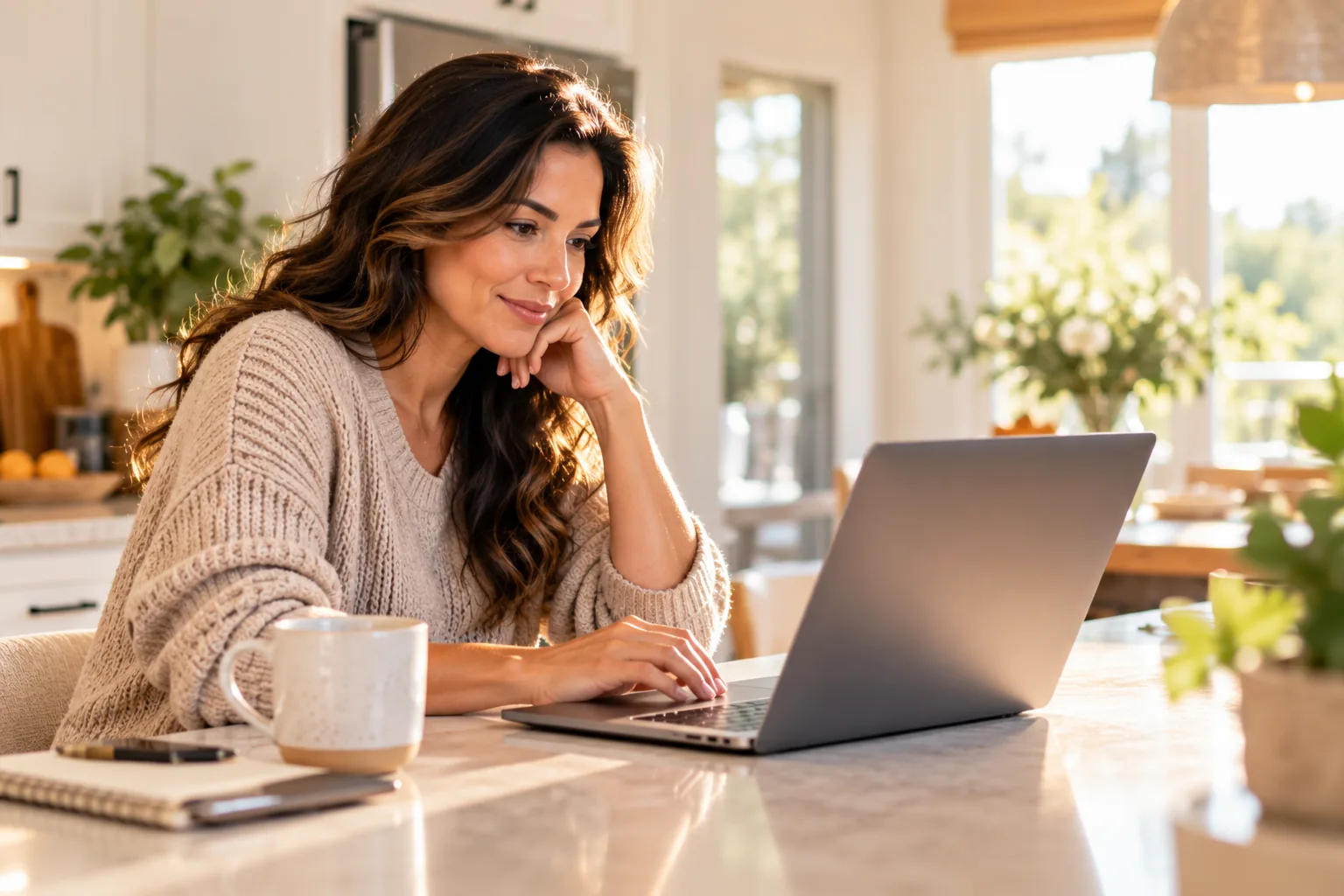 A woman booking an Atlas house call on her laptop at a sunlit kitchen counter