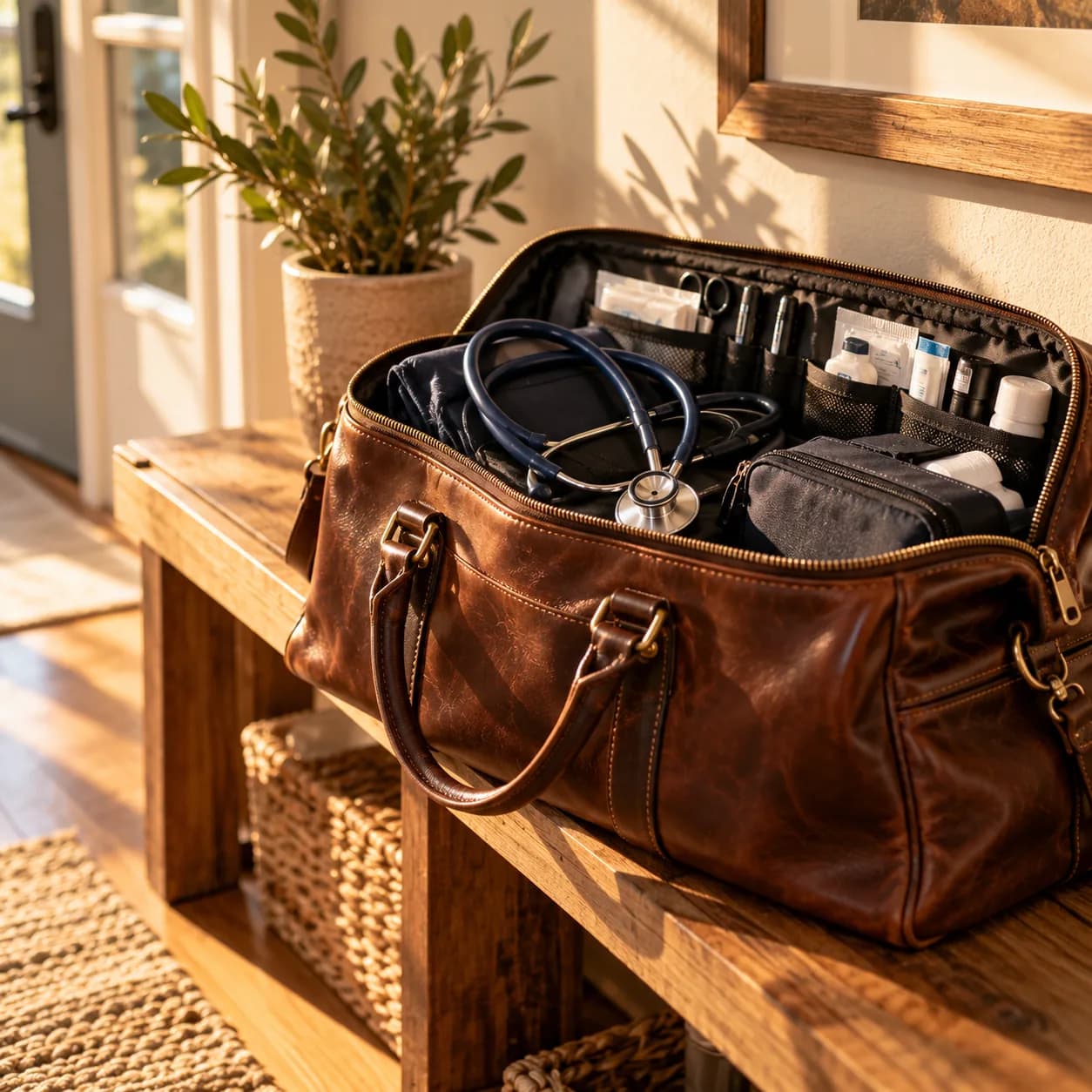 An open leather house call bag with a stethoscope resting on a wooden entry bench
