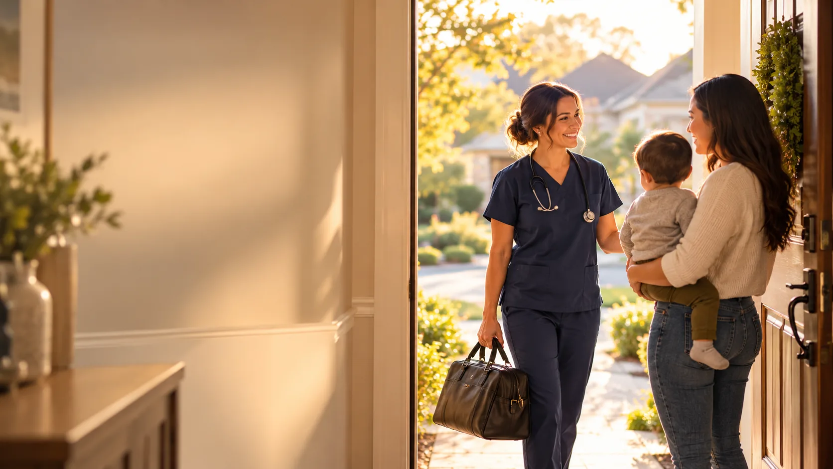 An Atlas provider in navy scrubs arriving at a Lubbock home and being welcomed by a mother holding her toddler